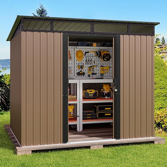Gizoon 7.4'x5.3' Outdoor Storage Shed Metal Garden Shed with Sliding Lockable Doors, Versatile Tool Bike Shed with Transparent Panel Windows, Outdoor Storage Clearance for Backyard, Patio, Light Brown