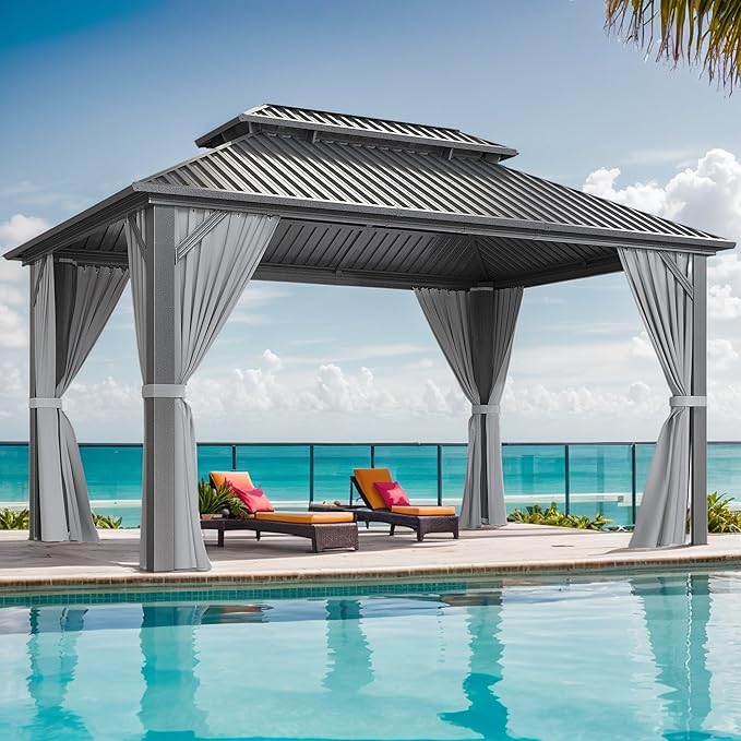 WKM 10x14 FT Hardtop Gazebo with Heavy Duty Galvanized Steel Double Roof, Aluminum Frame Permanent Pavilion with Curtains and Netting, Outside Canopy Gazebo for Patio, Deck and Backyard,Gray