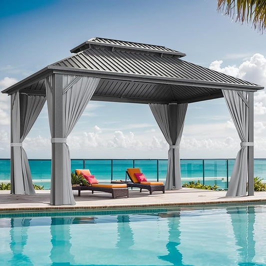 WKM 10x14 FT Hardtop Gazebo with Heavy Duty Galvanized Steel Double Roof, Aluminum Frame Permanent Pavilion with Curtains and Netting, Outside Canopy Gazebo for Patio, Deck and Backyard,Gray