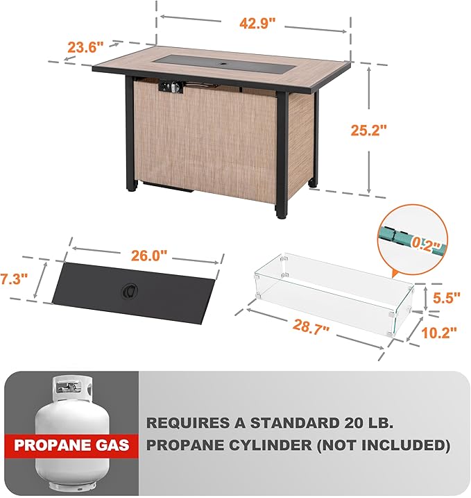 Nuu Garden 43 Inch Propane Fire Pit Table CSA Listed 50000 BTU Gas Fire Pit with Lid Glass Wind Guard and Fire Glass Beads 2 in 1 Rectangular Outdoor Fire Table for Patio Backyard Light Brown