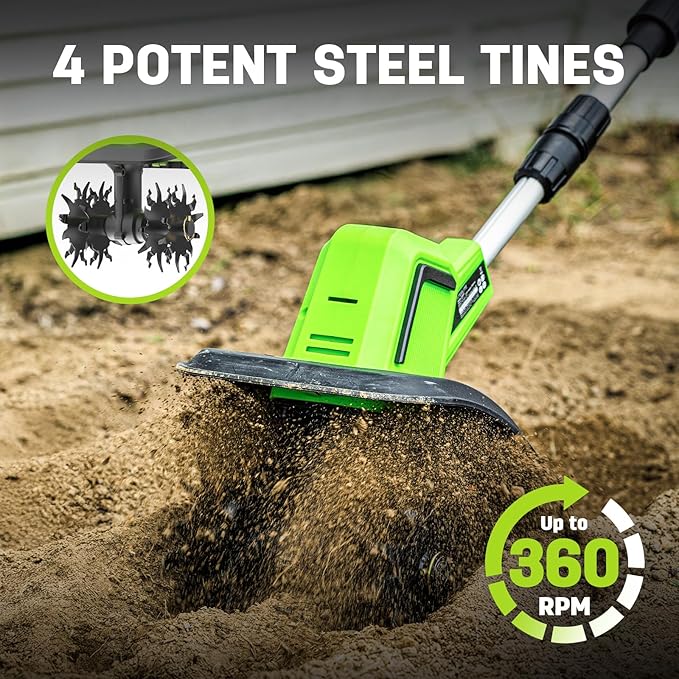STEELITE 20V Battery Powered Tiller, 360 RPM Cordless Tiller, 400W Powerful Motor, 9-inch Tilling Width and 7-inch Depth Portable Rotary Tiller, 2¡¿2Ah Battery & Charger Included