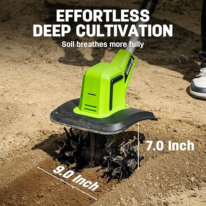 STEELITE 20V Battery Powered Tiller, 360 RPM Cordless Tiller, 400W Powerful Motor, 9-inch Tilling Width and 7-inch Depth Portable Rotary Tiller, 2¡¿2Ah Battery & Charger Included