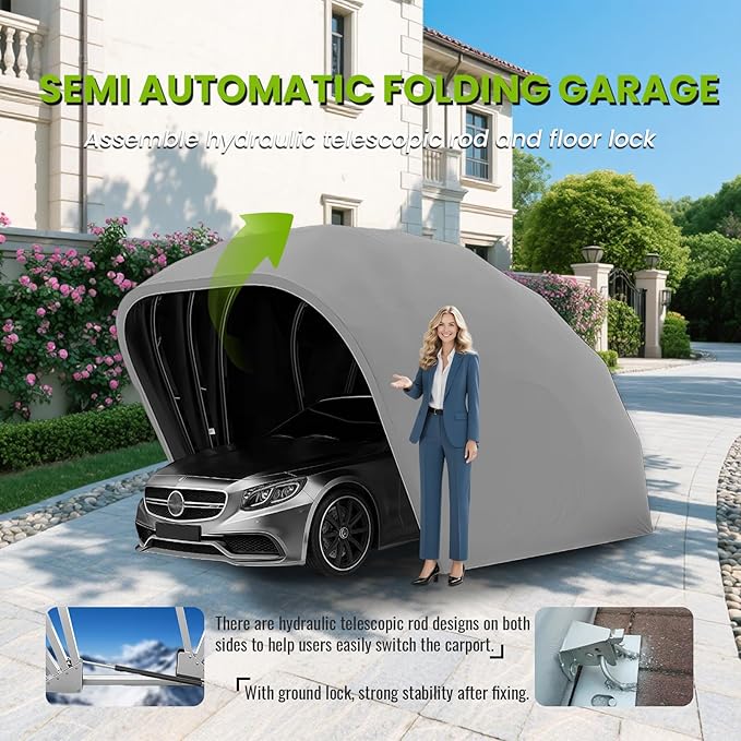 Portable Stainless Steel Garage, Folding Car Canopy, Retractable Semi-Automatic Car Tent, Heavy Duty Carport 18×8.2×7.5FT for Car, Boat, with All-Season Tarp,Grey,Manual