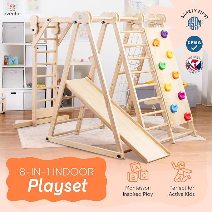 Avenlur 8-in-1 Indoor Play Gym ? Toddler Jungle Gym for Kids Ages 2?6 ? Indoor Playground Wooden Climbing Playset with Slide, Monkey Bars, Ladder, Rope Ladder, Rock Climbing, Swing, Rings, Disc Swing