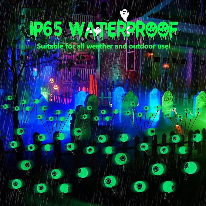 YIQU 4 Pack Solar Halloween Lights Outdoor, Solar Eyeball Lights, 24 LED Green Eyeball Swaying Light with 2 Lighting Modes, Waterproof Outdoor Halloween Decorations for Walkway Yard Lawn Horror Party