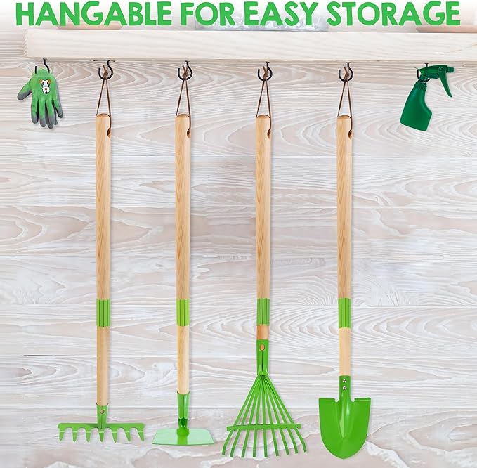 Kids Gardening Tools Set - 6PCS Detachable Garden Tool Kit with Gloves, Shovel, Rake, Hoe, Leaf Rake & Spray Bottle - Wooden Handles with Hanging Hole, Perfect Outdoor Toy Gift for Ages 3-5