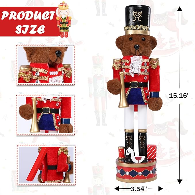 Christmas Nutcracker Decorations Nutcracker Figure 15 Inch Wooden Nutcrackers Teddy Bear Nutcracker Soldier for Table Desktop Home Christmas Decor Xmas Indoor Decor Bear