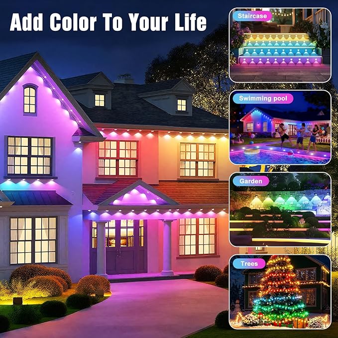JOH Permanent Outdoor Lights, 200FT with RGB+IC Smart LED Outdoor Lights for House, App & Remote Control, DIY Scene Modes, IP67 Waterproof Christmas Light, Holiday, Party, Halloween Decorations