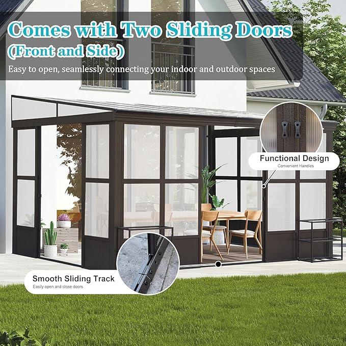 12' x 14' Patio Sun Room Kit, Outdoor Lean-to Enclosed Gazebo, Wall Mounted Solarium, All Season Sunroom Against The Wall with Removable Polycarbonate Roof/Windows, 2 Lockable Sliding Doors