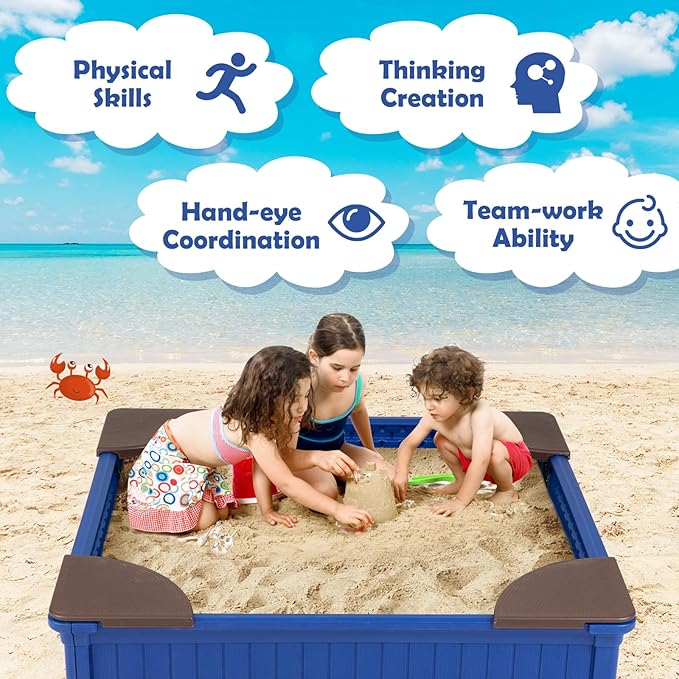 HONEY JOY 12.5 Kids Sandbox with Cover, 48 x 48 Inch Large HDPE Pit for Backyard, 4 Corner Seats & Bottom Liner, Sand Protection, All Weather Resistant Sand Boxes for Kids Outdoor (Blue)