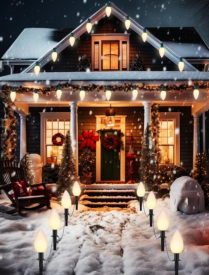 C9 Christmas Lights Outdoor Decorations Lawn with Pathway Marker Stakes, 7 Feet String Lights Covered 4 Jumbo Led White Pinecones for Holiday Time Outside Yard Garden Decor, 4 Lights