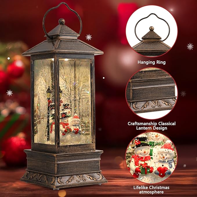 Snow Globe Lantern Christmas Table Decor with Santa Christmas Tree Lighted Scene Indoor Christmas Ornaments Decorations for Home Fireplace Mantle(Snowmen Family)