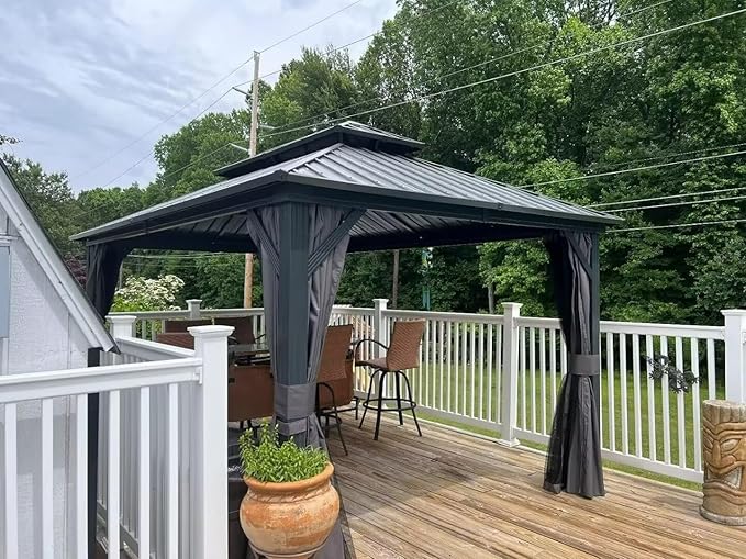 Domi 10’ X 12’ Hardtop Gazebo Canopy with Netting & Curtains, Outdoor Aluminum Gazebo with Galvanized Steel Double Roof for Patio Lawn and Garden, Gray