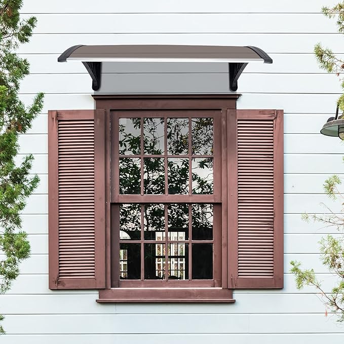Window Awning Door Canopy Exterior- 38" x 40" Aluminum Door Awning, Polycarbonate Cover Patio Canopy Awning for House, Outside, Rain Snow & UV Resistant (Brown Board & Black Bracket)