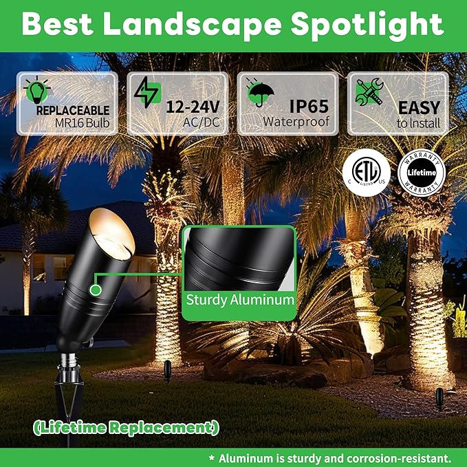 Black Outdoor Uplights, IP65 Modern Design LED Landscape Lighting, Low Voltage Aluminum Spot Light for Tree, Flag, Sign Without MR16 Bulb 10 Pack