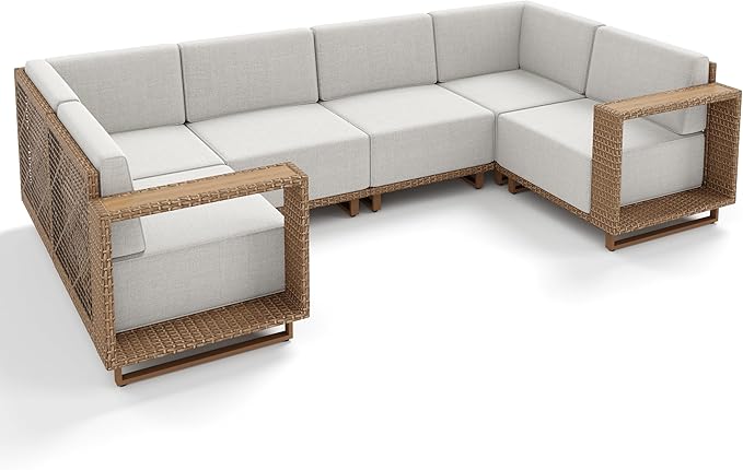 Outdoor Patio Furniture Set, 6 Piece U Shape Patio Couch Rattan Wicker Sofa, Sectional Modular Outdoor Conversation Set with 10" Extra Thick Cushions for Deck Backyard Lawn