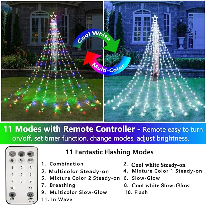 Decute Outdoor Christmas Decorations Star String Lights Color Changing Timer with Remote, Waterproof 320 Led Tree Toppers Fairy Lights for Yard Garden Backyard Holiday Decor Cool White + Multi-Color