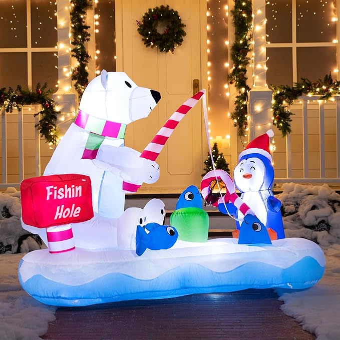 Joiedomi 6 FT Long Christmas Inflatable Penguin & Polar Bear Decoration, Blow Up Yard Decoration Fishing Hole Sign with Build-in LEDs for Christmas Party Indoor Outdoor Yard Garden Lawn Decorations