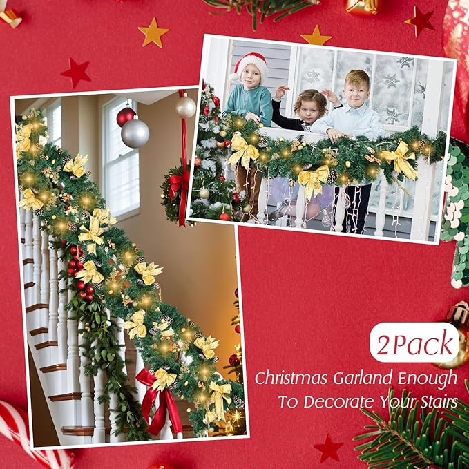 2 Pack 6ft Christmas Garland with LED Lights Pre Lit Outdoor Christmas Garland with Pine Cones Bow Gold Berry for Fireplace Mantel Holiday Indoor Christmas Decor, Total 12ft (Style 1)