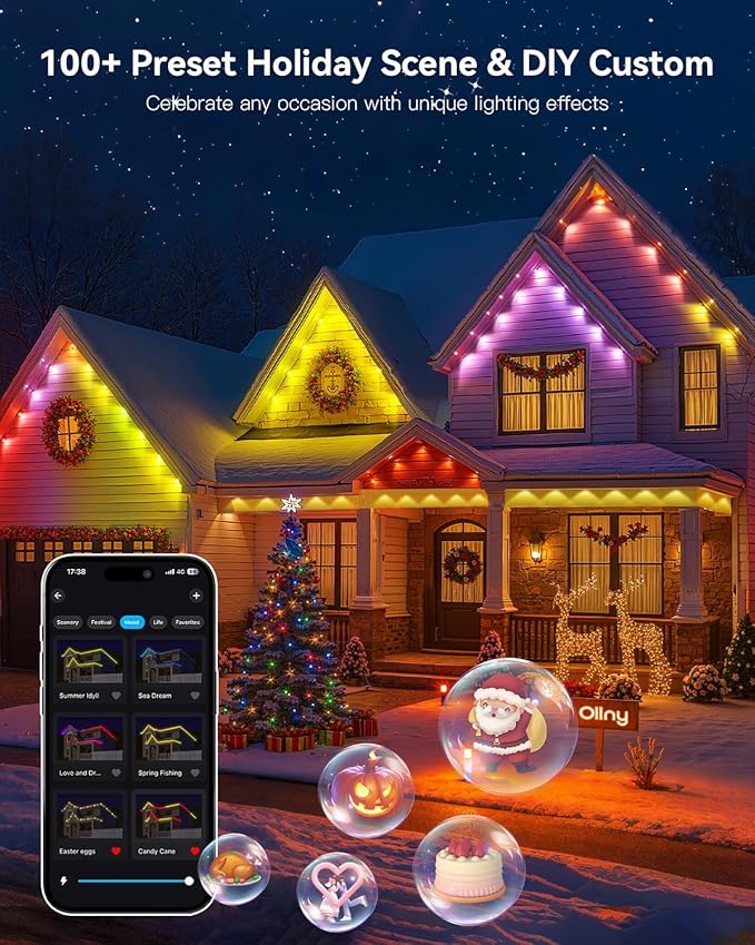 Ollny 50FT 30LED Permanent Outdoor Lights, APP Control RGB Outdoor Lights 100 Scene Modes with Remote, DIY Music Modes Christmas Light for Holiday Xmas Halloween Decorations