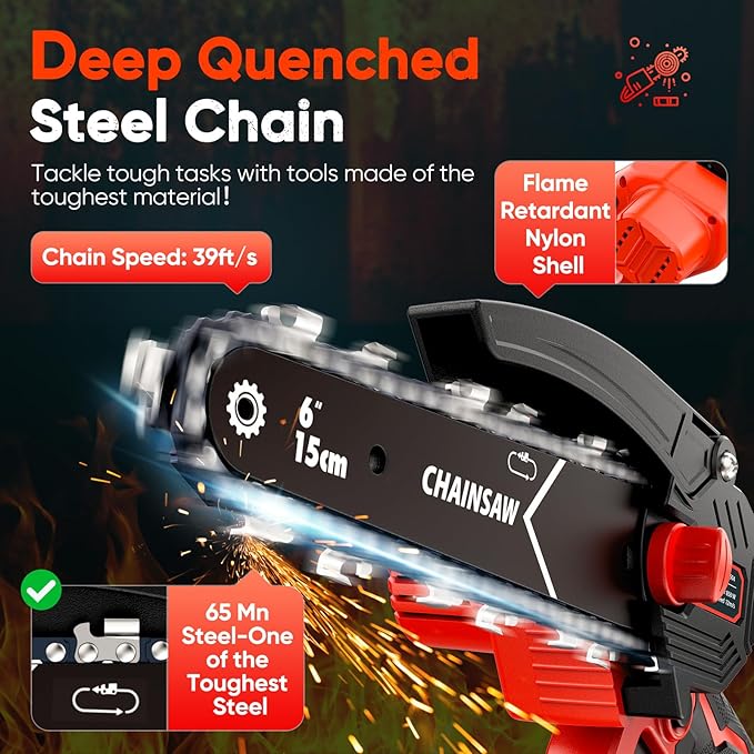 Chainsaw 6-Inch 2 Pack 2000mAh Battery Hand Mini Chain Saw Birthday Christmas Gifts for Men Portable Cordless for Wood Cutting Tree Trimming Projects Gardening Tools (Red)