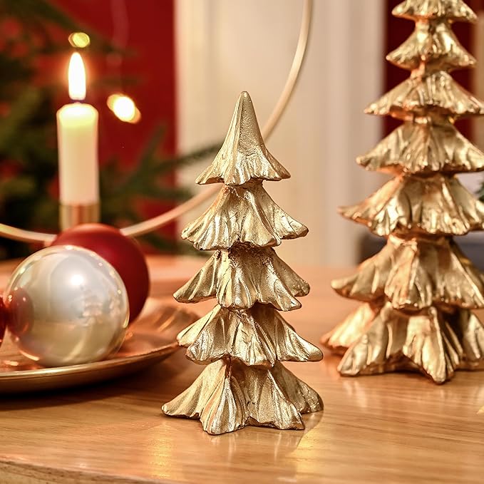Gold Christmas Tree Figurines, Small Resin Christmas Trees Home Decor, Tabletop Tree Set of 2, Decorative Xmas Trees for Christmas Decorations Indoor Mantle Centerpieces