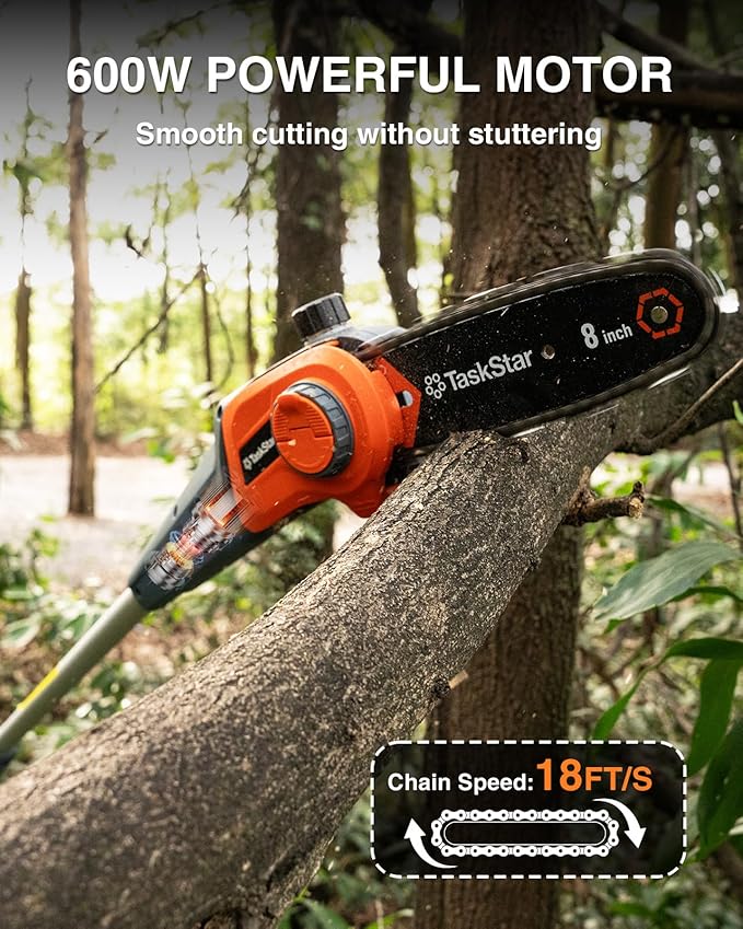 8-Inch Cordless Pole Saw, Electric Pole Saws for Tree Trimming, 2¡¿4000mAh Batteries, 600W Powerful Motor, Max Reach 15Ft, Tool-Free Chain Tensioning, Auto Lubrication