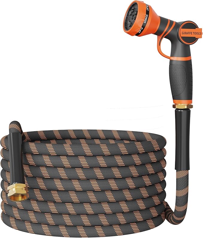 Giraffe Tools Non-Expandable Garden Hose 50FT 1/2¡± Lightweight Flexible Water Hoses Burst 600 psi with 9 Spray Function Nozzle Heavy Duty Hose