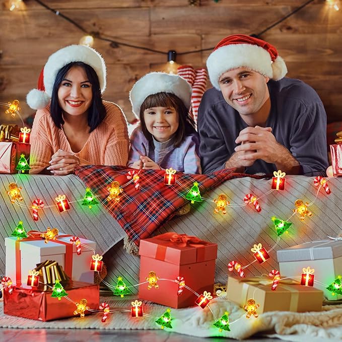 Christmas Lights Battery Operated 12FT 32 LED Xmas Tree Gingerbread Man Candy Cane Gift Box Xmas String Lights, Christmas Fairy Lights for Tree Light Decorations Table Home Indoor Holiday Decor