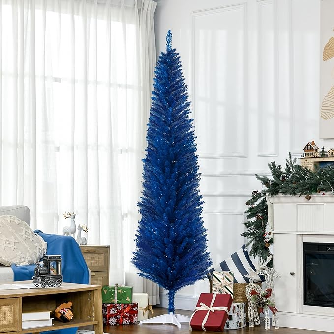 HOMCOM 7' Artificial Pencil Christmas Tree, Slim Xmas Tree with 499 Realistic Branch Tips and Plastic Stand, Blue
