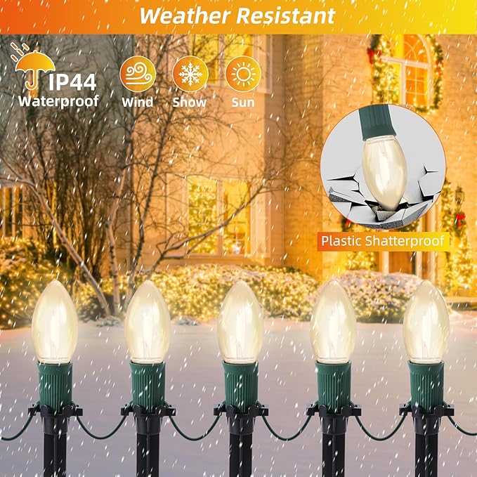 30Ft C9 Led Christmas Pathway Lights Outdoor, 20 Warm White Bulbs Waterproof Connectable Christmas Walkway Lights with Stakes for Yard Lawn Sidewalk Driveway Christmas Decorations