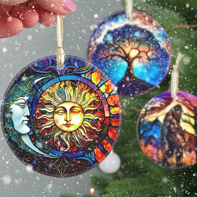 Christmas Ornaments, 3.5 Inch Ceramic Sun and Moon Hanging Ornament, Christmas Tree Ornaments, Gifts for Friend, Xmas Gifts, Unique Gift Idea, Perfect for Holiday Party, Tree, Window, Wall Decor