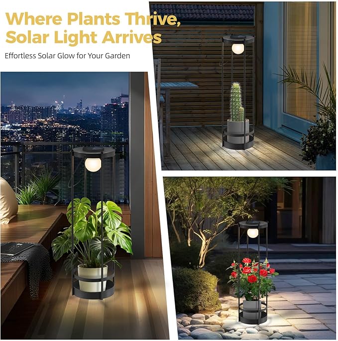 Solar Lights with Plant Stands - Outdoor Solar Floor Lamp, Waterproof Metal Outdoor Lighting for Patio, Yard, Garden, Pathway (35.5" H - 1Pack)