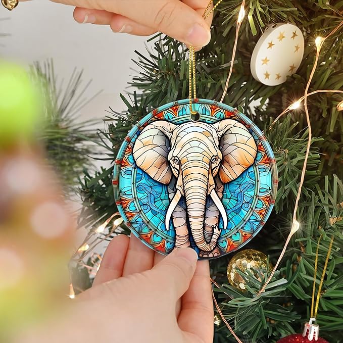 Elephant Ceramic Ornament - Christmas Tree Elephant Keepsake Gifts - Animal Lovers Ornament
