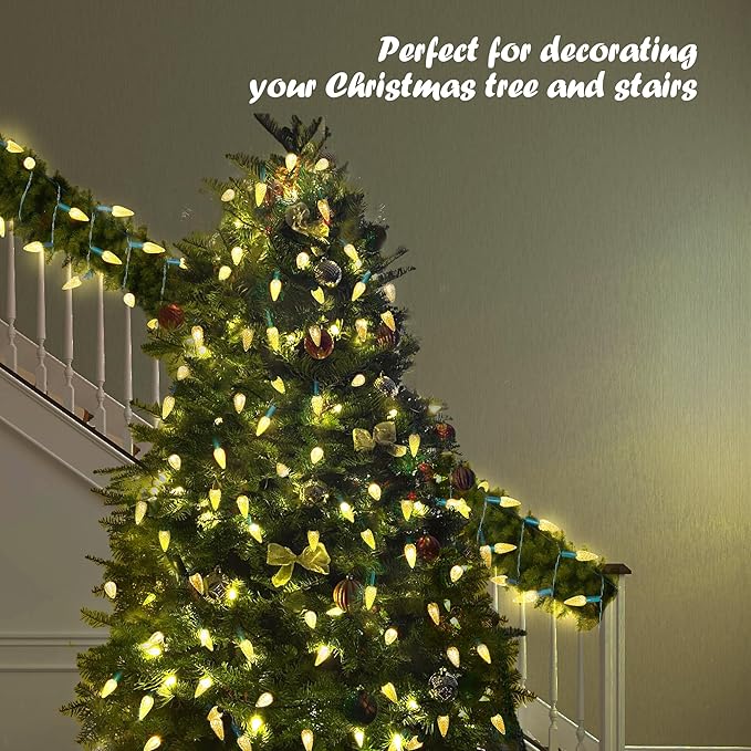 WBao Battery Operated Christmas Lights 100 LED 34ft C6 Christmas String Lights with 8 Modes, Timer, Waterproof Design for Indoor Outdoor Trees, Fence, Stairs Xmas Decorations, Warm White