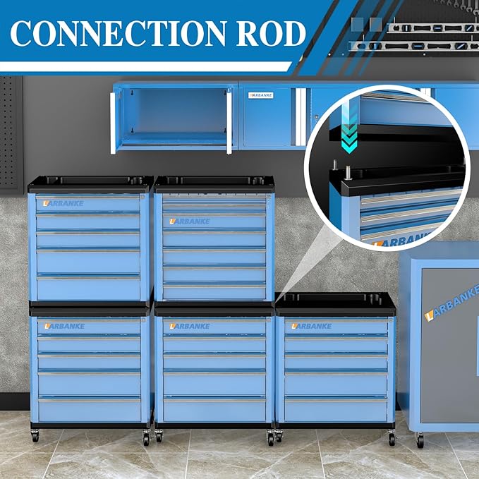LARBANKE 5-Drawer Rolling Tool Chest with 360¡Æ Wheels and Lock&Keys,Tool Cabinet with Non-slip Pearl Cotton Mat and Multifunctional Countertop,Connecting Rods Can Be Connected with 7-Drawer Tool Chest