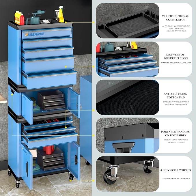 LARBANKE 8 Drawer Rolling Tool Chest with Locks&360¡Æ Wheels,Tool Cabinet with Multifunctional Countertop,Tool Chest with Connection Rods,Can Be Used as 3 Individual Units or Combine a Large One