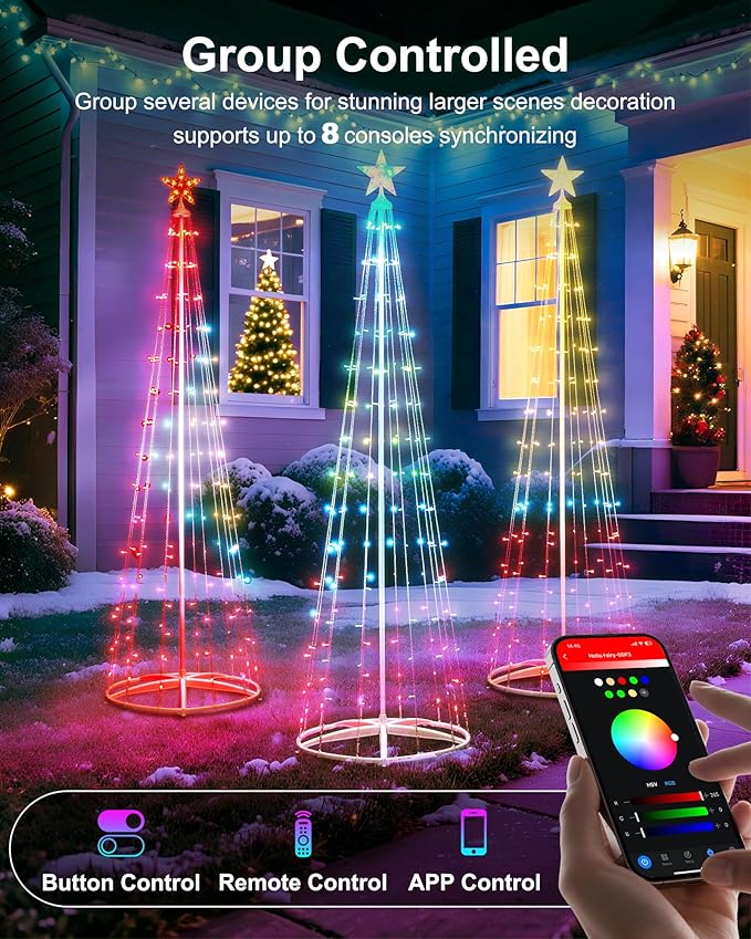 7.5Ft Smart LED Christmas Cone Tree Light, 178 LEDs Lighted Artificial Tree with Star Topper, Music Sync with Remote APP Control, DIY RGB Light Show Tree for Xmas Indoor Outdoor Decorations (RGB)