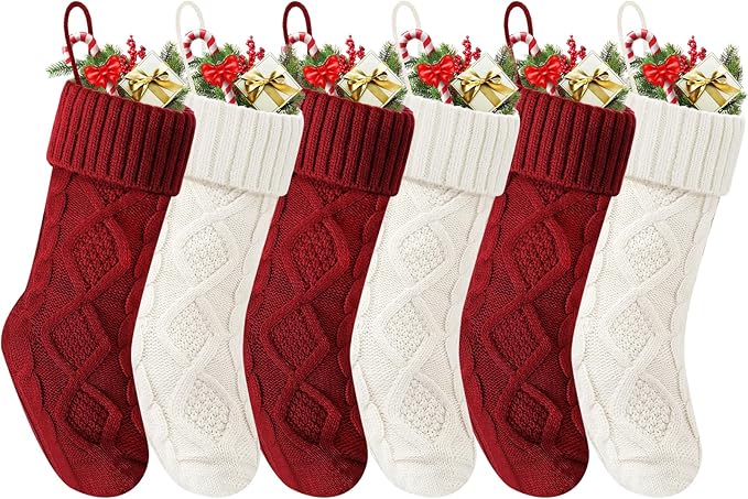 Christmas Stockings 18 Inches,Long Knitted Socks Christmas Decoration Hanging Stocking Fireplace Xmas Tree Stocking for Home Family（3red+3white）