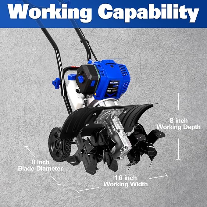 BILT HARD 46cc 4-Cycle 1.9HP Gas Powered Tiller Cultivator - 16 Heavy-Duty Steel Tines Rototiller, Adjustable Wheels & Cushioned Handle Grips for Plowing, Tilling, Weeding in Garden, Farm