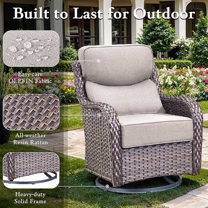 Luxury High Back Outdoor Furniture with 6-inch Extra Thick Cushions, Patio Furniture Set with Swivel Chairs, 8 PCS Wicker Conversation Set for Yard, Deck, Poolside, Brown/Beige