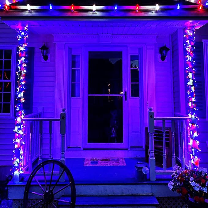 kemooie 4th of July Decorations Lights, 500 LED Red White and Blue Lights, 164FT 8 Twinkle Modes Plug in Waterproof for Outdoor Patio Balcony Garden Christmas 4th of July Decorations