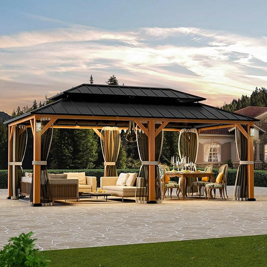 Modern Shade The Horizon Hardtop Gazebo 12' x 20' with 4 LED Lights, Permanent Outdoor Gazebo with Galvanized Steel Double Roof, Grill Pavilion with Decor Hooks, Mosquito Nettings, Wood-Looking