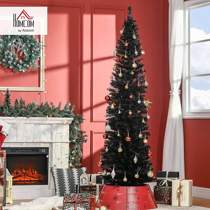 HOMCOM 7' Artificial Pencil Christmas Tree, Slim Xmas Tree with 499 Realistic Branch Tips and Plastic Stand, Black