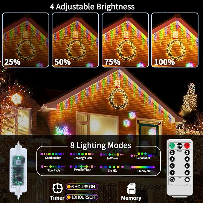 Icicle Lights for Outside, 167ft 1760 LED Icicle Christmas Lights Outdoor Waterproof, 352 Drops with Remote, 8 Modes & Dimmable, Timer for Christmas, Wedding, House, Roof Decoration, Multicolor
