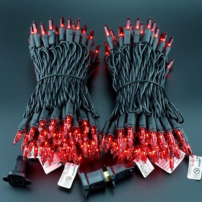 YULETIME 200 Red Christmas Lights with Black Wire, Pack of 2 Sets 33 ft 100 Count UL Certified Holiday String Lights (Red)