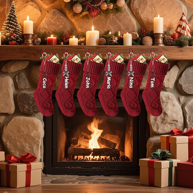 Christmas Stockings 18 Inches,Long Knitted Stocking with Name Tags, Christmas Decoration Hanging Stockings Fireplace Xmas Tree Ornaments for Home Family