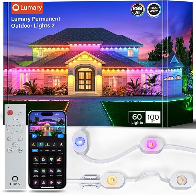 Lumary Smart Permanent Outdoor Lights 2 with Remote & Slide-Base, 100ft with 60 RGBAICW LEDs 3600lm for Daily & Accent Lighting, 110+ Scene for Halloween Christmas Decor, Work with Alexa Google, White