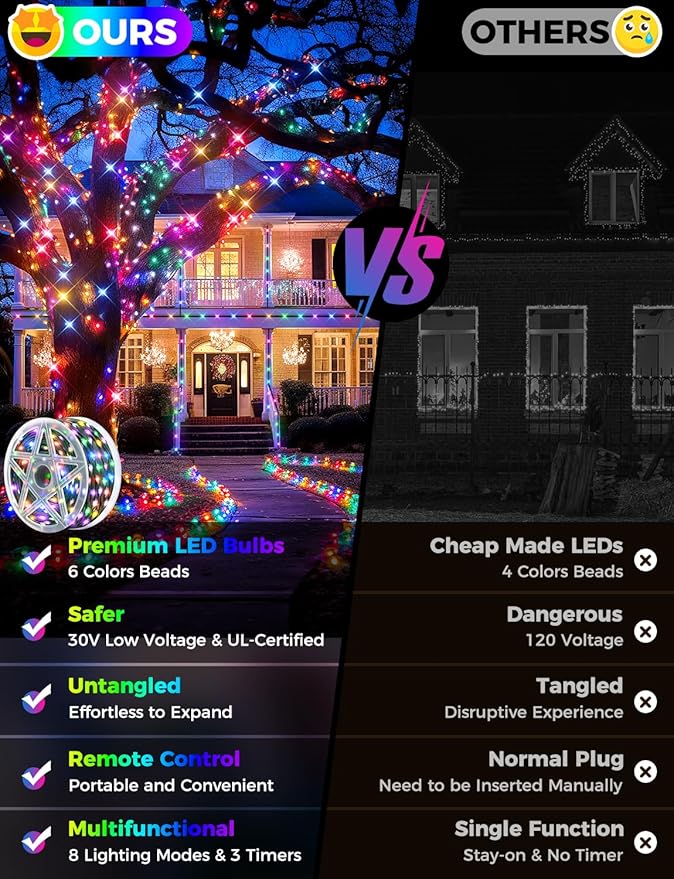 Brightever 900 LED 295FT Outdoor Christmas Lights, Waterproof Plug-in Outdoor String Lights with Remote - 8 Modes & 3 Timers, Cascading Twinkle Light for Christmas Tree Decorations Multicolored