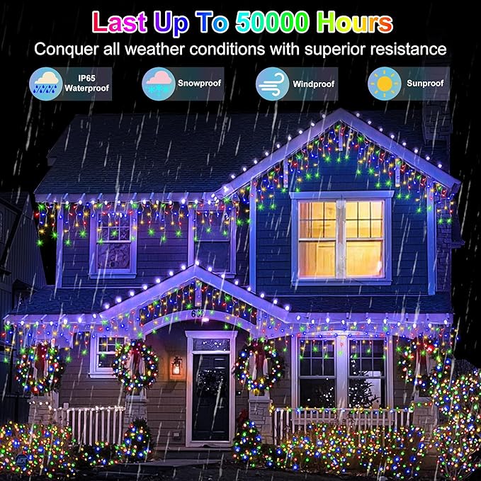 82 FT Outdoor Christmas Lights with 176 Drops, Christmas Decorations Fairy Lights 616 LED 8 Modes, Plug in Waterproof Hanging String Lights for Home Xmas Tree Yard Wedding Party Multicolor